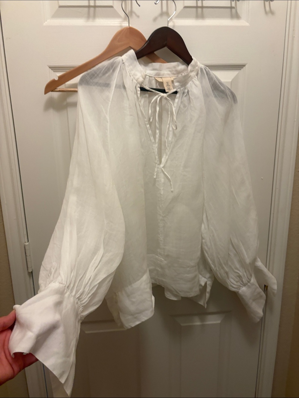 H&M White Tie-Neck Peasant Blouse